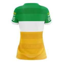 Offaly Ladies LGFA Women's Fit Home Jersey 2023 -CASTOR Clothing Shop offaly ladies amb wht grn glenisk lgfa jersey 3d back 1